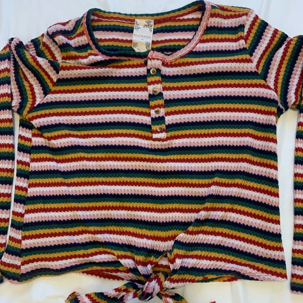 Boutique rainbow striped long sleeve tee with front tie